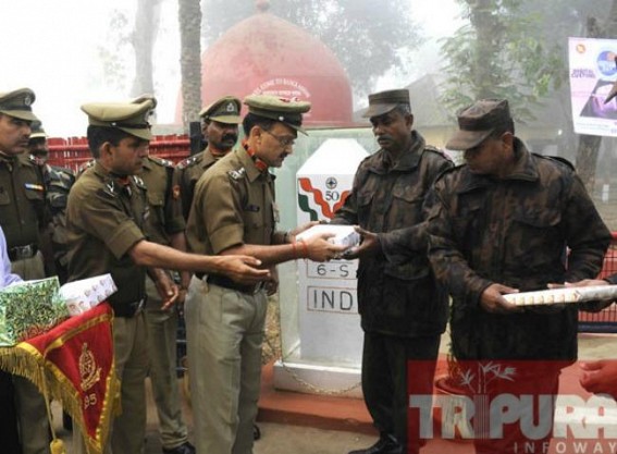 67th Republic Day: BSF officials exchange sweets with their counterparts at Akhaura check post 